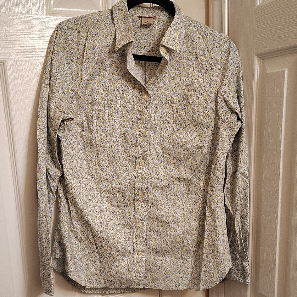 Duluth Trading Co Ladies Patterned Button Down Shirt - Yellow and White
